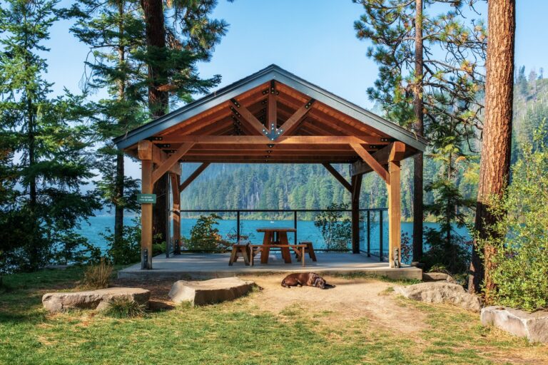 Gable roof gazebo with a stunning view of Suttle Lake